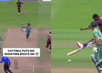 [Watch] WCL 2025: Sheldon Cottrell showcases fancy footwork to dismiss Sarel Erwee | CricTracker