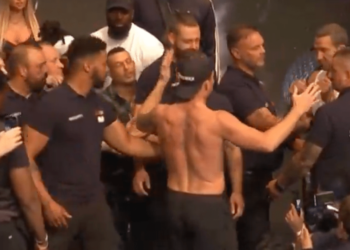 Video: Topless Darren Till goes nuts at Misfits 22 presser, charges Luke Rockhold during chaotic face off
